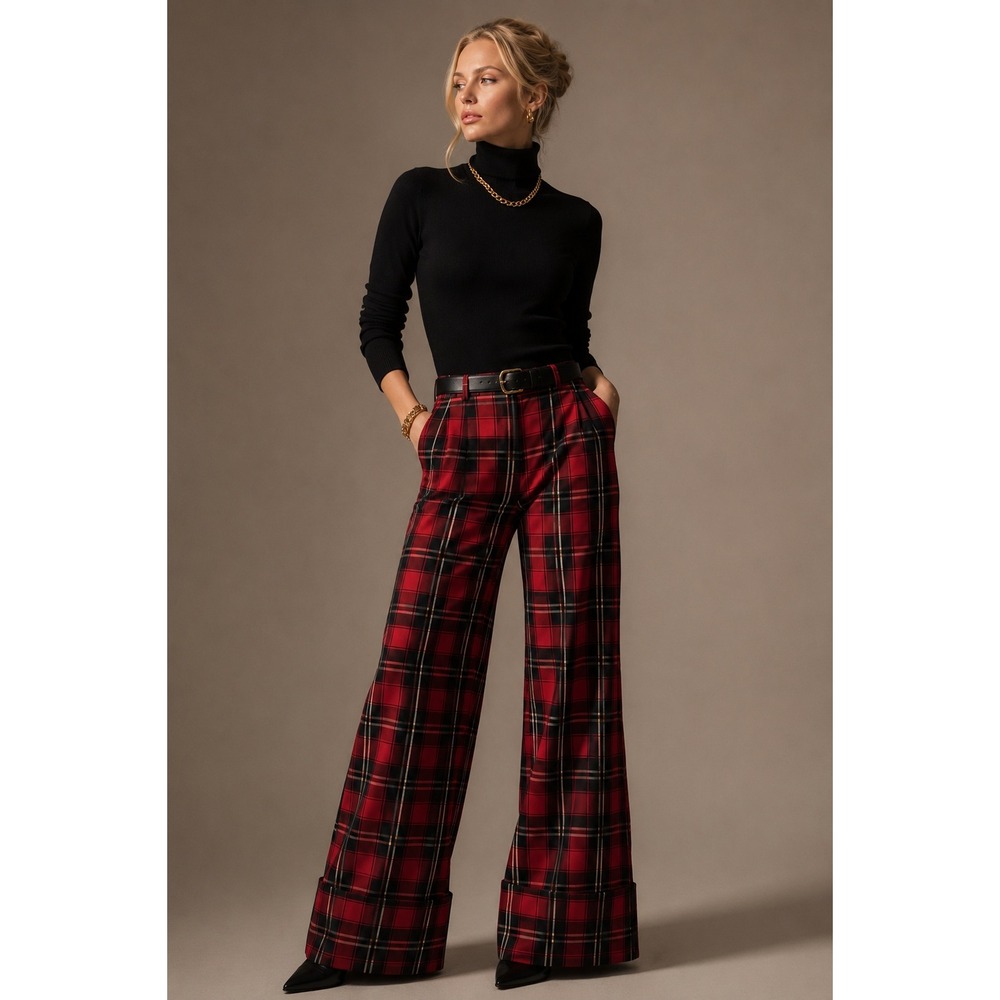 MSGM Milano Red Plaid Wide Leg Trousers High Waist Cuffed Pants IT 38 2541MDP18